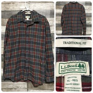 LL Bean Traditional Fit Flannel Shirt Men’s XL Gray Red Plaid Button Up Cotton